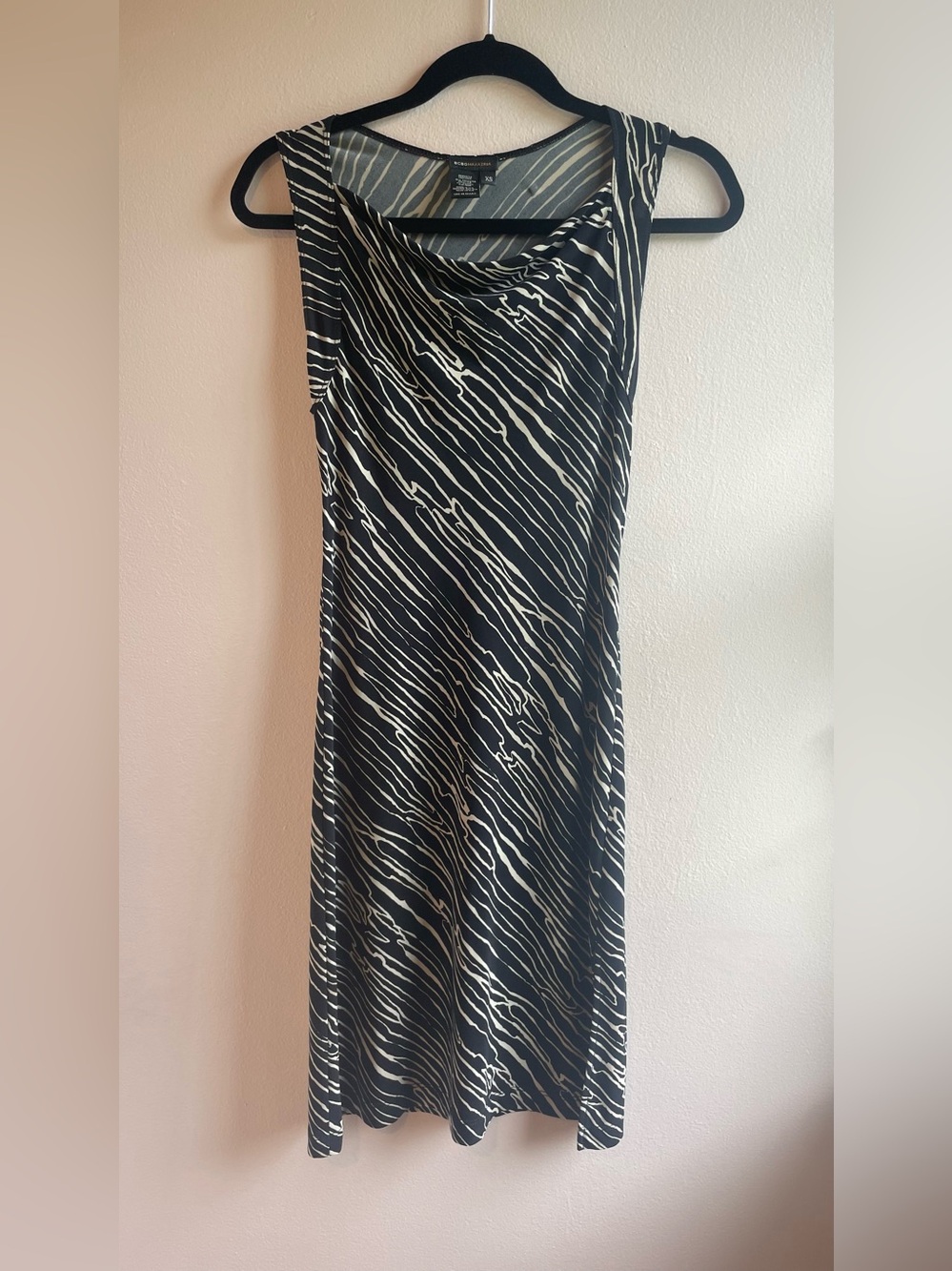 BCBGMaxAzria Black White Zebra Print Cowl Neck Mini Dress Size XS